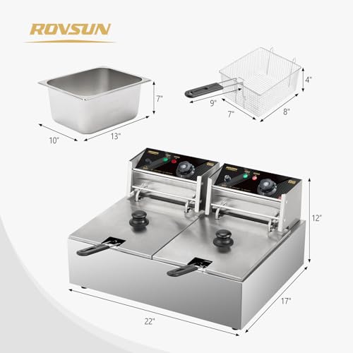 ROVSUN 22.8QT/21.6L Electric Deep Fryer, Commercial Deep Fryer with Baskets Lids Countertop, Stainless Steel Dual Tank Kitchen Fat Fryer Frying Machine for French Fries Donuts, Adjustable Temp, 3400W - size: 22.8QT