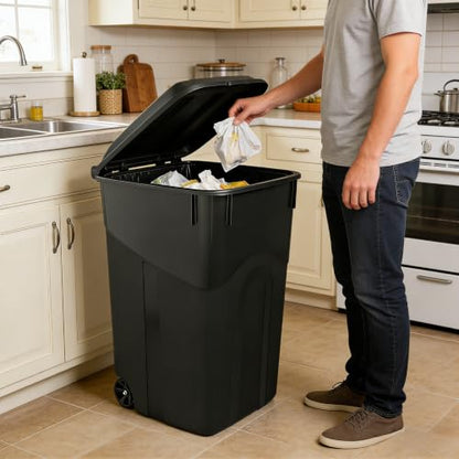 45 Gallon Wheeled Trash Can with Attached Lid, Heavy Duty Garbage Can