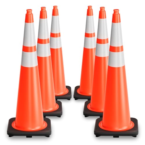 STARSIGNS Traffic Cones 36 Inch - Commercial Construction Cones for Road Safety Orange Parking Cones with Heavy Duty Base & Reflective Strips for Driveways & Event Control (6 Pack) - color: Orange, size: 36"
