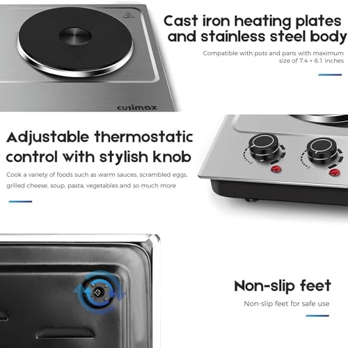 CUSIMAX 1800W Double Hot Plate, Stainless Steel Silver Countertop Burner Portable Electric Double Burners Electric Cast Iron Hot Plates Cooktop, Easy to Clean, Upgraded Version C180N - color: Silver, size: Double