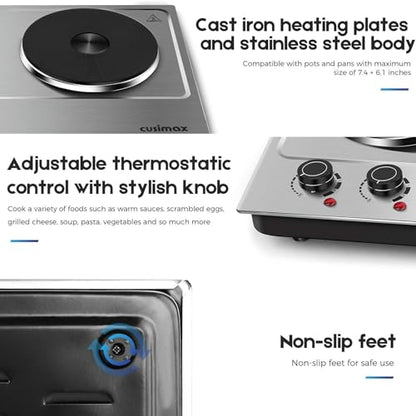 CUSIMAX 1800W Double Hot Plate, Stainless Steel Silver Countertop Burner Portable Electric Double Burners Electric Cast Iron Hot Plates Cooktop, Easy to Clean, Upgraded Version C180N - color: Silver, size: Double