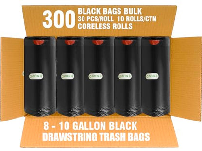BEIDOU-PAC 8-10 Gallon Trash Bags Drawstring, 300 Count Bulk, Black & Unscented Multi-purpose Garbage Bags for Business Home Bathroom Kitchen Commercial and Industrial - style: 8-10 Gallon |300 Count