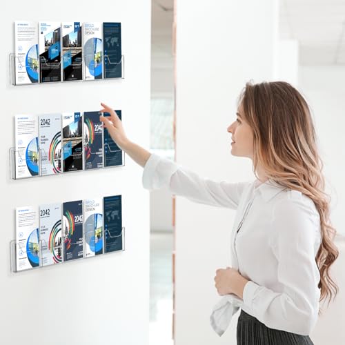 Honoson 3 Pack Wall Mount Pamphlet Holder Acrylic Brochure Holder with 5 Pockets, 4 Inch, Clear Wall Brochure Display Stand Hanging Rack for Pamphlet Flyers Booklet Menus Menu Advertise