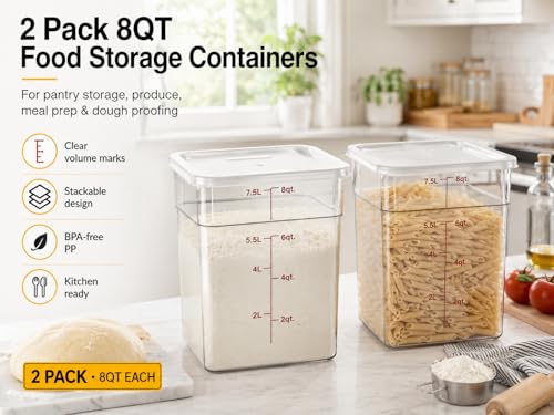 2 Pack 8Qt Clear Food Storage Containers with Lids – BPA-Free Stackable Kitchen Organizer for Pantry, Fruits, Vegetables, Meal Prep & Dough Proofing - color: Clear-8QT