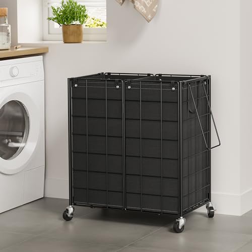 WOWLIVE Double Laundry Hamper with Wheels, Metal Rolling Laundry Basket - color: Black, size: 120l
