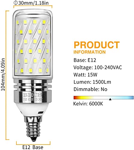 E12 LED Corn Bulbs, 15W, 6000K Daylight White, 1500LM, Small Edison Screw Bulbs, 120W Incandescent Equivalent, Pack of 4 - color: E12 Daylight White