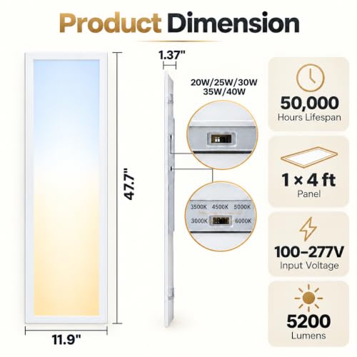 1x4 LED Flat Panel Light 4 Pack, 5200LM, 40W, Drop Ceiling Fixture - color: 1x4, size: 4 Pack