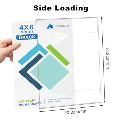 8pack Acrylic Sign Holder 4x6 inches，Wall Mount Clear Plastic Sign Holder Photo Picture Flyer Menu Poster Holders with Tape Adhesive for Office, Home, Restaurant,No Drilling,Vertical ﻿