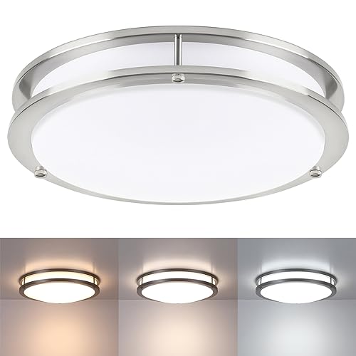 16” Brushed Nickel Flush Mount Ceiling Light Fixture - 16 Inch Brushed Nickel LED Ceiling Light 3000K/4000K/5000K Color Changing Modern Bathroom Fixture for Bedroom,25W - color: Brushed Nickel, size: 16 inch - 1 Pack
