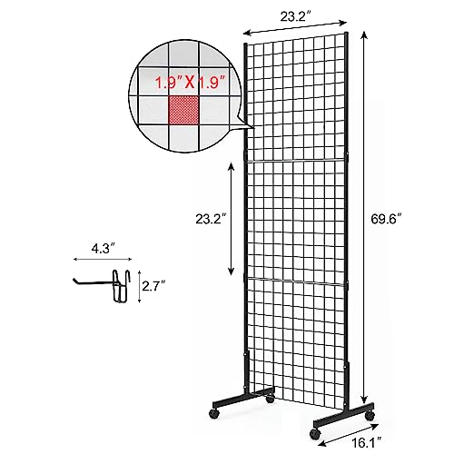 Eastern Tree 2 Packs 2'x 5' Six Pieces Gridwall Panels Stand with T-Base, Black Wire Grid Wall Display Racks with Wheels, Craft Show Display Rack, Retail Display, Extra More 16 Pieces Hooks