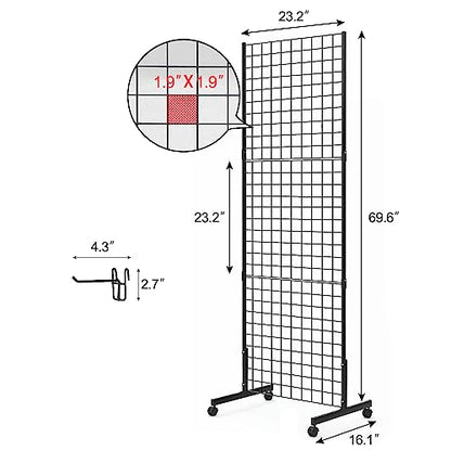 Eastern Tree 2 Packs 2'x 5' Six Pieces Gridwall Panels Stand with T-Base, Black Wire Grid Wall Display Racks with Wheels, Craft Show Display Rack, Retail Display, Extra More 16 Pieces Hooks