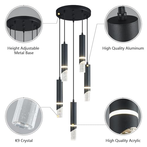 Modern Dimmable Led Pendant Lights Kitchen Island, Ideal for Living Room, Bedroom,Sink 30w LED Crystal Energy-Saving Hanging Lamp for Cozy Lighting (Black 5 Light) - size: 5-Light