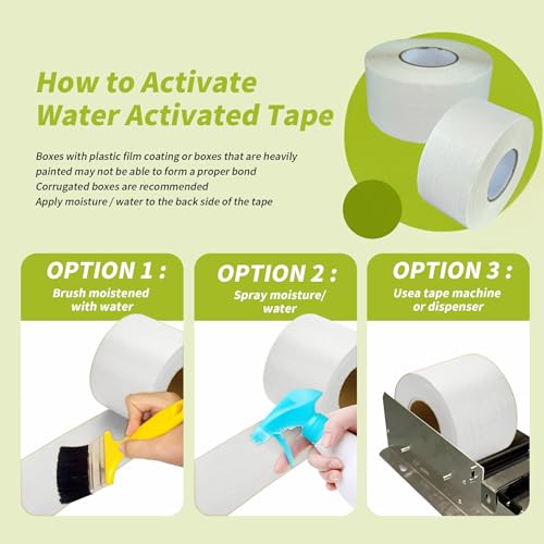 2 Rolls Reinforced Water Activated Tape,2" x150ft(50yds) Per Roll,White Gummed Kraft Paper Tape with Strong Fiberglass,Adhesive Surface is Sticky When Wet.Suit for Packing Boxes.