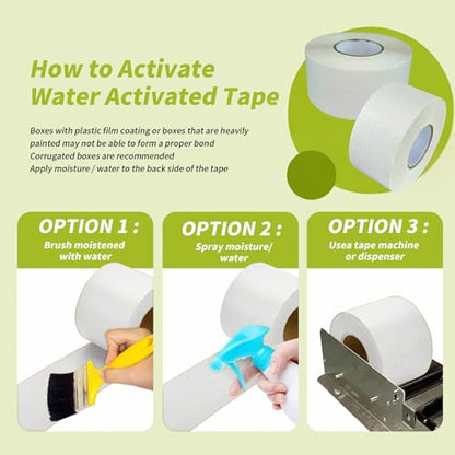 2 Rolls Reinforced Water Activated Tape,2" x150ft(50yds) Per Roll,White Gummed Kraft Paper Tape with Strong Fiberglass,Adhesive Surface is Sticky When Wet.Suit for Packing Boxes.