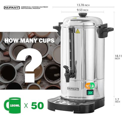 NUPANT Commercial Coffee Urn 50 Cup/8L Coffee Dispenser with Upgraded Percolator, Double Wall 304 Stainless Steel Hot Water Urn Beverage Dispenser, Keep Warm Large Coffee Maker for Catering Party - size: 50 Cup / Double Wall