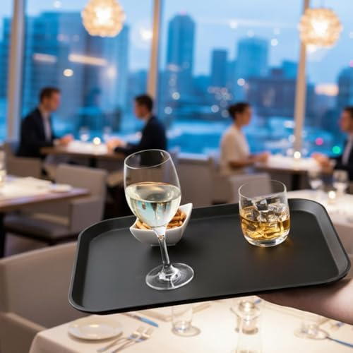TrueCraftware- 14” x 18” Rectangular Rubber Lined Non-Slip Tray Plastic Black Color Set of 2- Restaurant Serving Tray Rubber Lined Tray Coffee Appetizer Breakfast for Kitchen Café and Restaurants