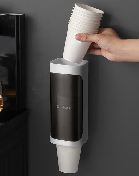 Wall Mounted Cup Dispenser, No Drill Adhesive Cup Holder with Dust Cover for 3oz-5oz Disposable Paper & Plastic Cups, Water Cooler Cup Organizer for Bathroom Kitchen Office Gym Hospital