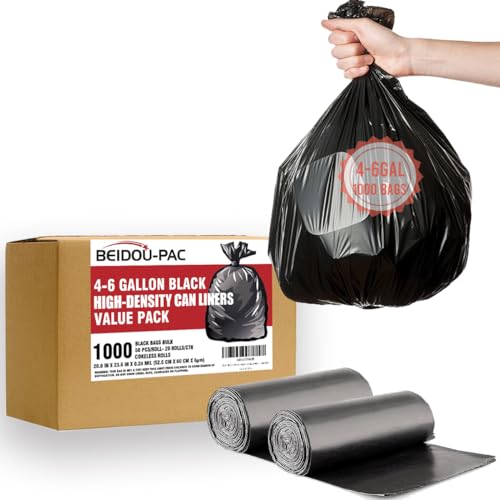 BEIDOU-PAC 4-6 Gallon Trash Bags, 1000 Count Bulk Value Pack Black Garbage bags, Multi-purpose Trash Can Bin Liners for Bathroom, Office, Industrial, Commercial, Janitorial, Municipal, Recycling - style: 4-6 Gallon |6 Micron |1000 Count