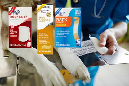 Equate First Aid Triple Ointment 1 oz & Medium Plastic Bandages 60 Count Bundle, and Rolled Gauze, 2 in x 2.5 yds, Value Pack for family essentials (3 items, 2.5, Fl Oz)
