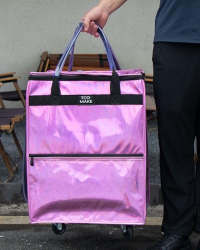 Medium Phantom Pink Reusable Grocery Bag on Wheels, Folding Rolling Tote - color: Phantom Pink, size: Medium
