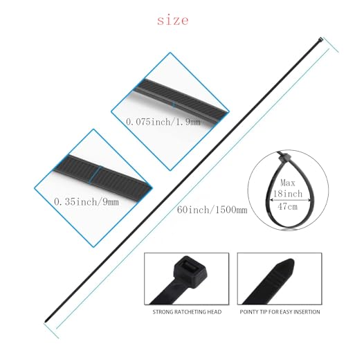 60 Inch Extra Long Zip Ties Heavy Duty For Outdoor Use,175 Pounds Tensile Strength,UV Resistant,8 Pieces,Black - size: 60 Inch,175 Pounds Tensile Strength