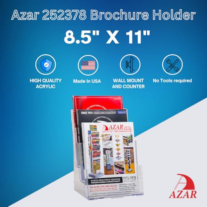 Azar Displays 252378, Brochure Holder, Acrylic Desk Organizer, Three Tier Document, Magazine & Sign Holder, Wall Mount Desk Accessories, Literature Display Stand for 4" Pamphlets, 8.5"x11" - size: Three Tier Letter