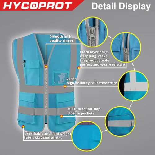 HYCOPROT High Visibility Safety Reflective Vest with Pockets and Zipper, Meets ANSI/ISEA Standards - color: Sky Blue-knit, size: 3X-Large