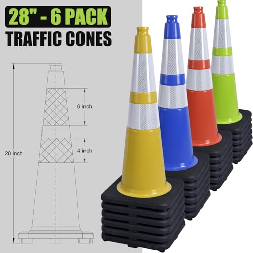 Fluorescent Orange/Green PVC Traffic Cones, Heavy Black Base Parking Lot Cone Structurally Stable Weatherproof Road Construction Safety Cones (4, Green, 28" Large) - size: 28" Large