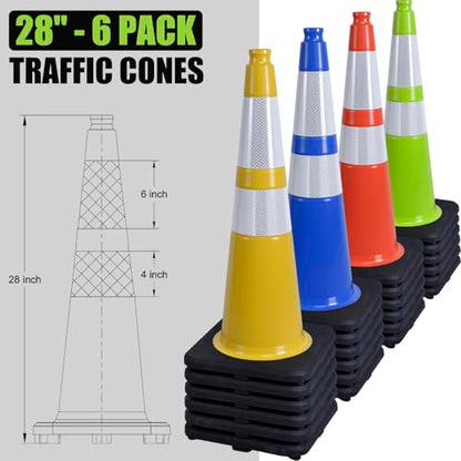 Fluorescent Orange/Green PVC Traffic Cones, Heavy Black Base Parking Lot Cone Structurally Stable Weatherproof Road Construction Safety Cones (4, Green, 28" Large) - size: 28" Large