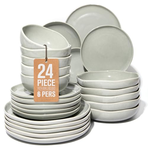 Pokini Stoneware Dinnerware Sets for 6, 24Pcs Ceramic Plates and Bowls Sets - color: Dusty Green, size: Set (24pcs-6)