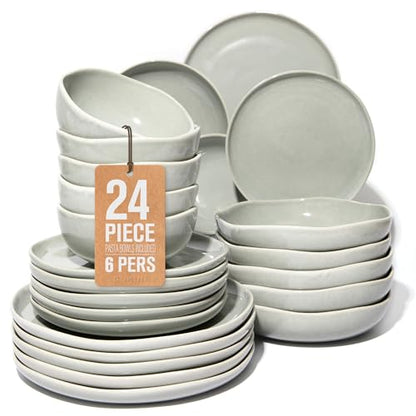 Pokini Stoneware Dinnerware Sets for 6, 24Pcs Ceramic Plates and Bowls Sets - color: Dusty Green, size: Set (24pcs-6)