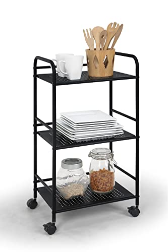 SunnyPoint 3-Tier Rolling Utility Cart – Metal Storage Organizer with Wheels, Mobile Kitchen Cart, Office & Home Organizer, Black, 12" D x 16.92" W x 31.1" H - color: Blk