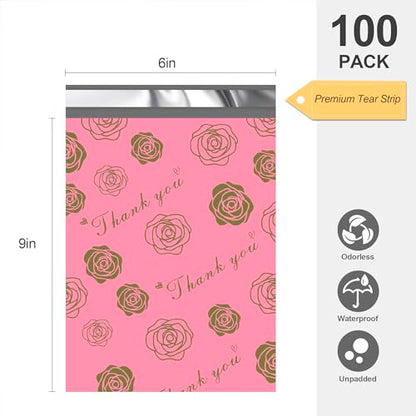JinRuiKJ Thank You Poly Mailer 6x9 100 Pack, Gold Rose Design - color: Gold Rose, size: 6x9'' - 100 Pack