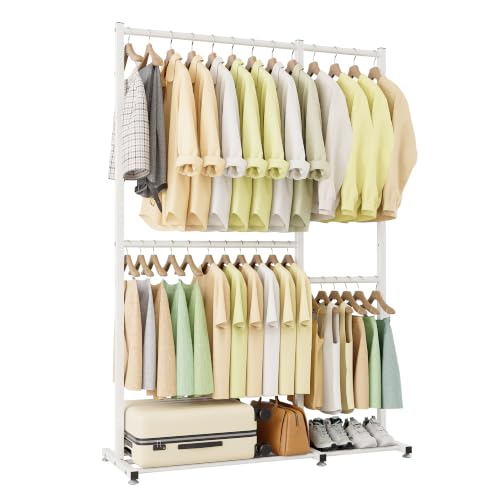 Clothing Rack with 4 Hanging Sections, 47.2" x 17.7" x 69.9", Double Rod Garment Rack with Storage Shelves, Freestanding Closet Organizer for Bedroom, Laundry Room, Portable Metal Clothes Rack, White - color: White, size: 47.2" x 17.7" x 69.9"