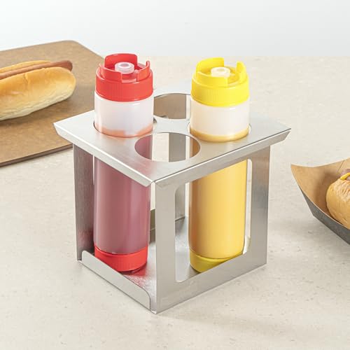 Restaurantware Squeeze Bottle Holder 1 Count 6.30 x 7.01 x 6.26 Inches Stainless Steel Condiment Organizer - Four-Hole Durable Kitchen Rack - Silver Prep Station Organizer - size: Fits 1/6 Size Opening, style: Four Holes, Holder