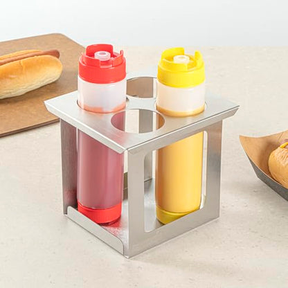 Restaurantware Squeeze Bottle Holder 1 Count 6.30 x 7.01 x 6.26 Inches Stainless Steel Condiment Organizer - Four-Hole Durable Kitchen Rack - Silver Prep Station Organizer - size: Fits 1/6 Size Opening, style: Four Holes, Holder