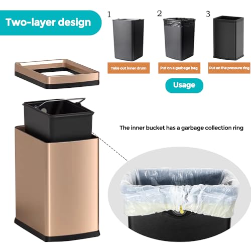 4.7 Gallon/18L Brushed Gold Bathroom Trash Can, Open Top Slim Dual Wastebaskte Simple Human Stainless Steel Garbage Can for Commercial Home Kitchen Office (18L Champagne Gold) - color: 18L champagne gold