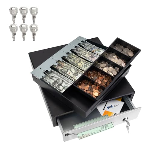 HK SYSTEMS 16" Heavy Duty Black Manual Push Open Cash Drawer with 5Bill/5Coin Stainless Steel with Till Cover - size: 02.16" PUSH+Till Cover