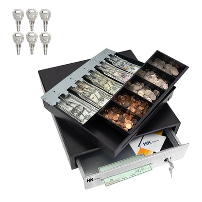 HK SYSTEMS 16" Heavy Duty Black Manual Push Open Cash Drawer with 5Bill/5Coin Stainless Steel with Till Cover - size: 02.16" PUSH+Till Cover