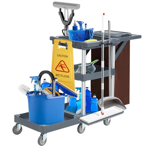Commercial Janitorial Cleaning Cart on Wheels - 300 Lbs Capacity, Rugged Polypropylene Construction, 3-Shelf Storage, 25 Gallon Zippered Vinyl Bag with Lid, Heavy-Duty Housekeeping Cart