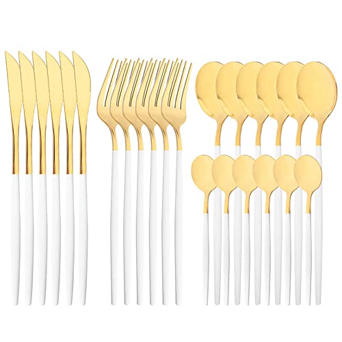 Mirror Cutlery Serving Set, 24-piece 18/0 Stainless Steel Silverware With White Handle Simple & Modern Tableware For Home Party Restaurant Christmas Dinner, Service For 6 (White Gold) - color: White gold