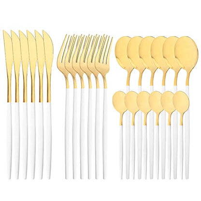 Mirror Cutlery Serving Set, 24-piece 18/0 Stainless Steel Silverware With White Handle Simple & Modern Tableware For Home Party Restaurant Christmas Dinner, Service For 6 (White Gold) - color: White gold