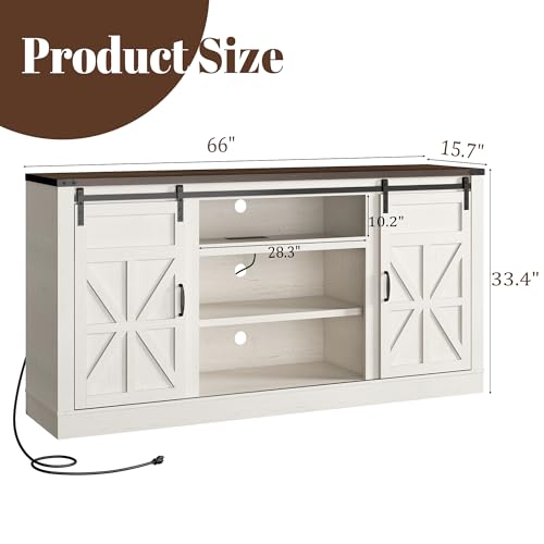 Hlivelood 66" Farmhouse TV Stand for 75 Inch TV, 33" Tall Entertainment Center with Power Outlets & Sliding Barn Door, Wood TV Stand with Storage, TV Media Console for Living Room, Antique White - color: Antique White