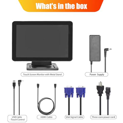 ANGEL POS 15.6 Inch 1920 x 1080 FHD IPS Touchscreen POS Monitor with Metal Stand, 10 Points Touch HDMI VGA, Waterproof Dustproof Screen 1080P, Indusitrial, Office, Retail, Gym, Warehouse (Black) - color: Black