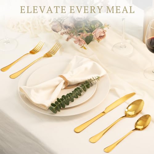 Astercook 24-Piece Silverware Set with Steak Knives Gold Flatware Set for 4 Food-Grade Stainless Steel Cutlery Set Mirror Polished Utensils Set Include Spoons and Forks for Home Kitchen Restaurant - color: Gold, size: 24 PCS