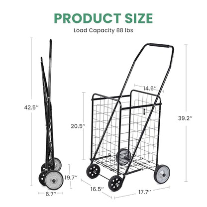 Simple Deluxe Folding Shopping Cart with Wheels, 90LB Capacity & Comfortable Foam Handle, Heavy Duty Collapsible Utility Cart for Groceries, Laundry, Travel, Books, Black