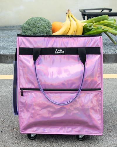 Medium Phantom Pink Reusable Grocery Bag on Wheels, Folding Rolling Tote - color: Phantom Pink, size: Medium