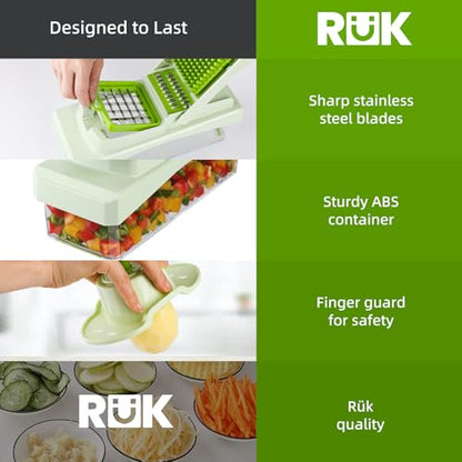 RüK 10-in-1 Vegetable Chopper – 6 Blade Veggie Chopper with Container, Food Dicer, Onion Cutter, Cheese Grater, Mandoline Slicer, Kitchen Gadgets & Home Essentials (Green) - color: Green