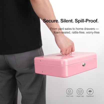 Cash Box with Key Lock – 0.7mm Steel Cash Drawer with Money Bag & Auto-Pop Coin Tray, 4 Upgraded Finger-Safe Bill Clips, Portable Register for Vendors, Business & Home, 11.8" x 9.5" x 3.5", Soft Pink - color: Soft Pink