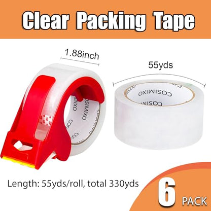 COSIMIXO Heavy Duty Clear Packing Tape 2.5Mil x 1.88" x 55Yards, 6 Rolls with Dispenser, Industrial Transparent Packaging Tape for Shipping Moving Sealing - size: 2.5Mil x 1.88" x 55Yds 6-Pack